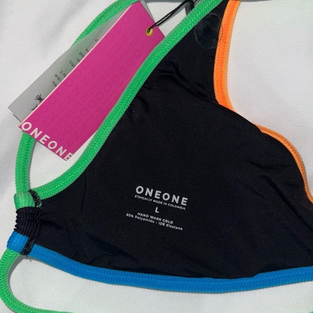 NWT OneOne Swimwear Bikini *Top Only* Cabo Black Yellow Green Ribbed Large New - Picture 4 of 4